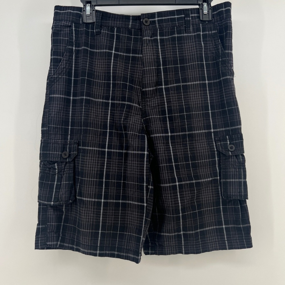 Airwalk Kids Boys Size 18 Black Grey Plaid Cargo Shorts Cotton Skater Utility